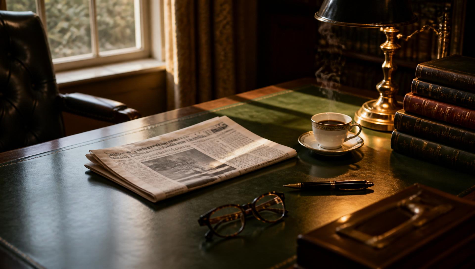 Folded broadsheet newspapers on a polished walnut desk in warm morning light